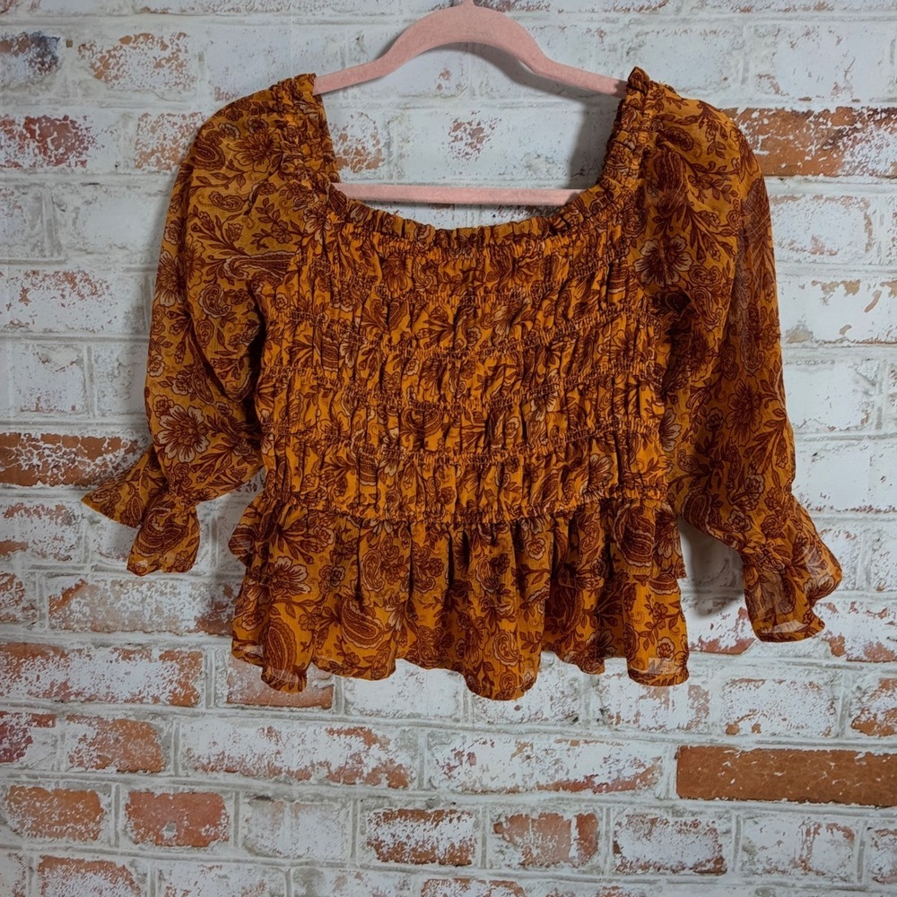 Patrons of Peace Smocked Peplum Top Womens Large Yellow Floral Paisley Boho